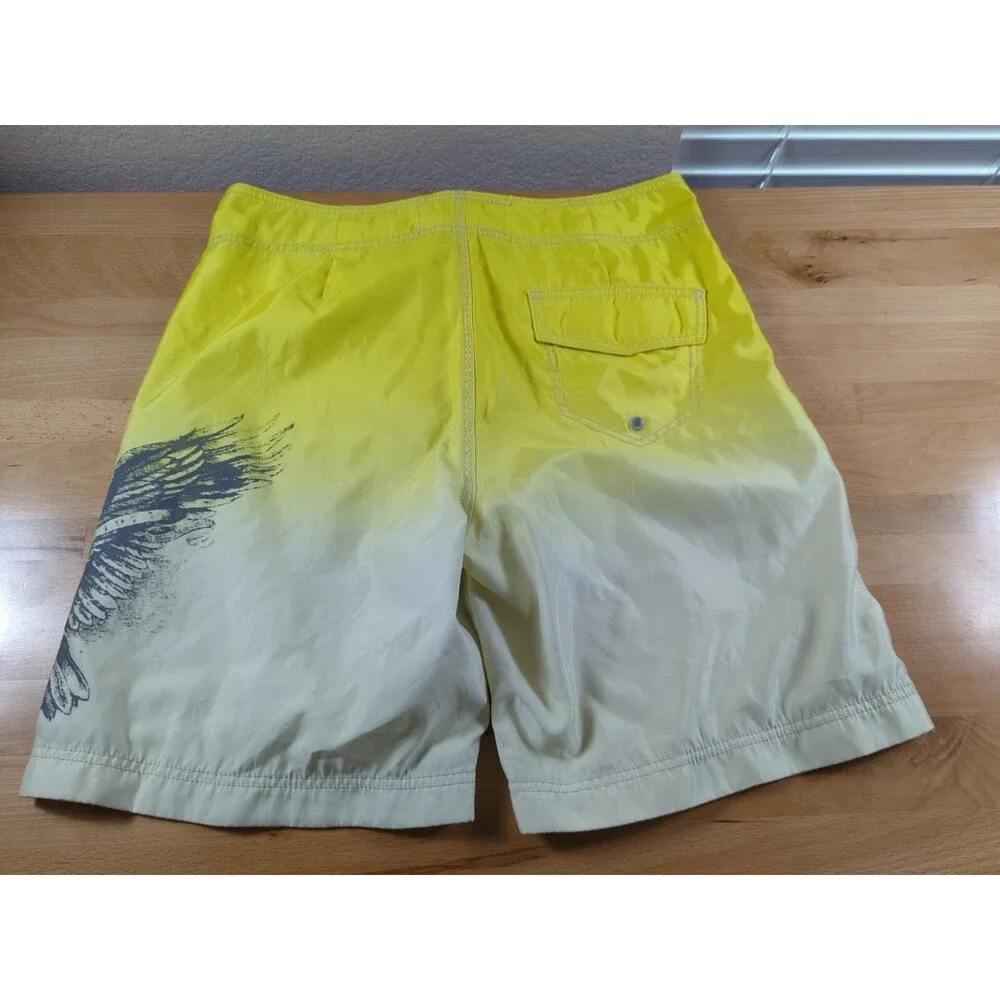 American Eagle Swim Trunks Board Shorts Men's 34 Yellow Eagle Print Beach Surf